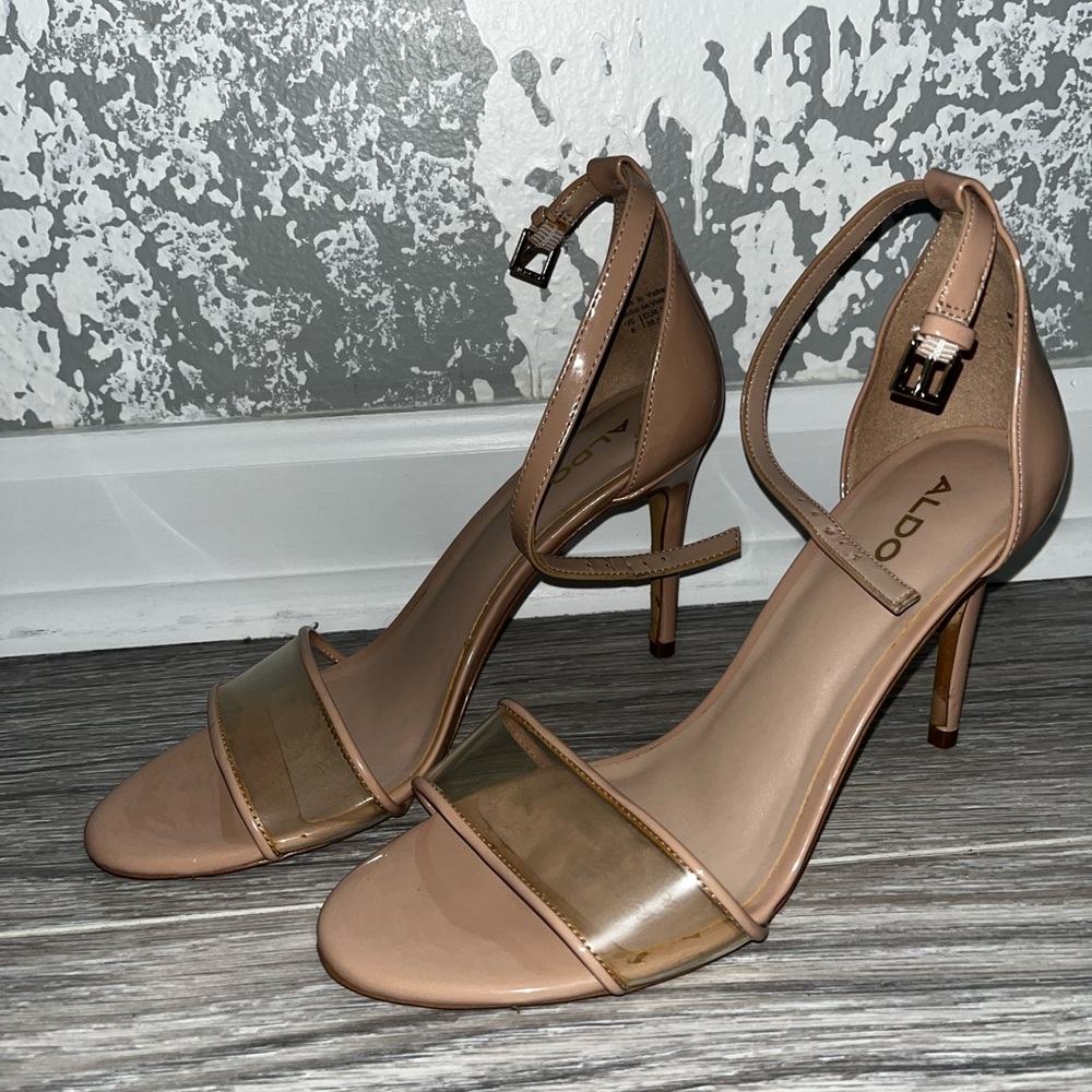 ALDO Clear Vinyl Nude Patent Ankle Strap Open Toe Stiletto Sandals Heels 8M